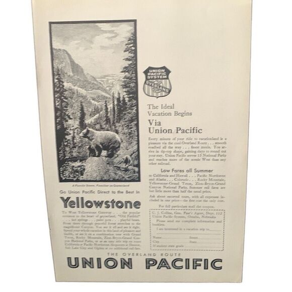 Vintage 1930 Union Pacific Rail Yellowstone Ad Advertisement - Picture 4 of 5